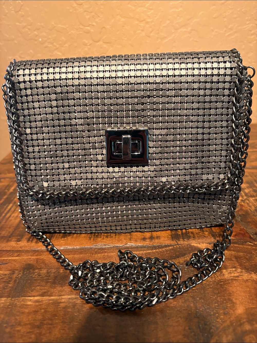 BCBG Maxazria Gun Metal Mesh Metallic Clutch or Crossbody Bag Like New!